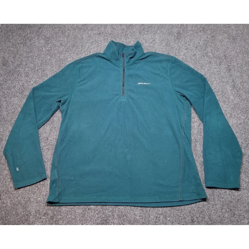 Eddie‎ Bauer Mens Large Teal Blue Quarter Zip Fleece Pullover Sweater Mock Neck